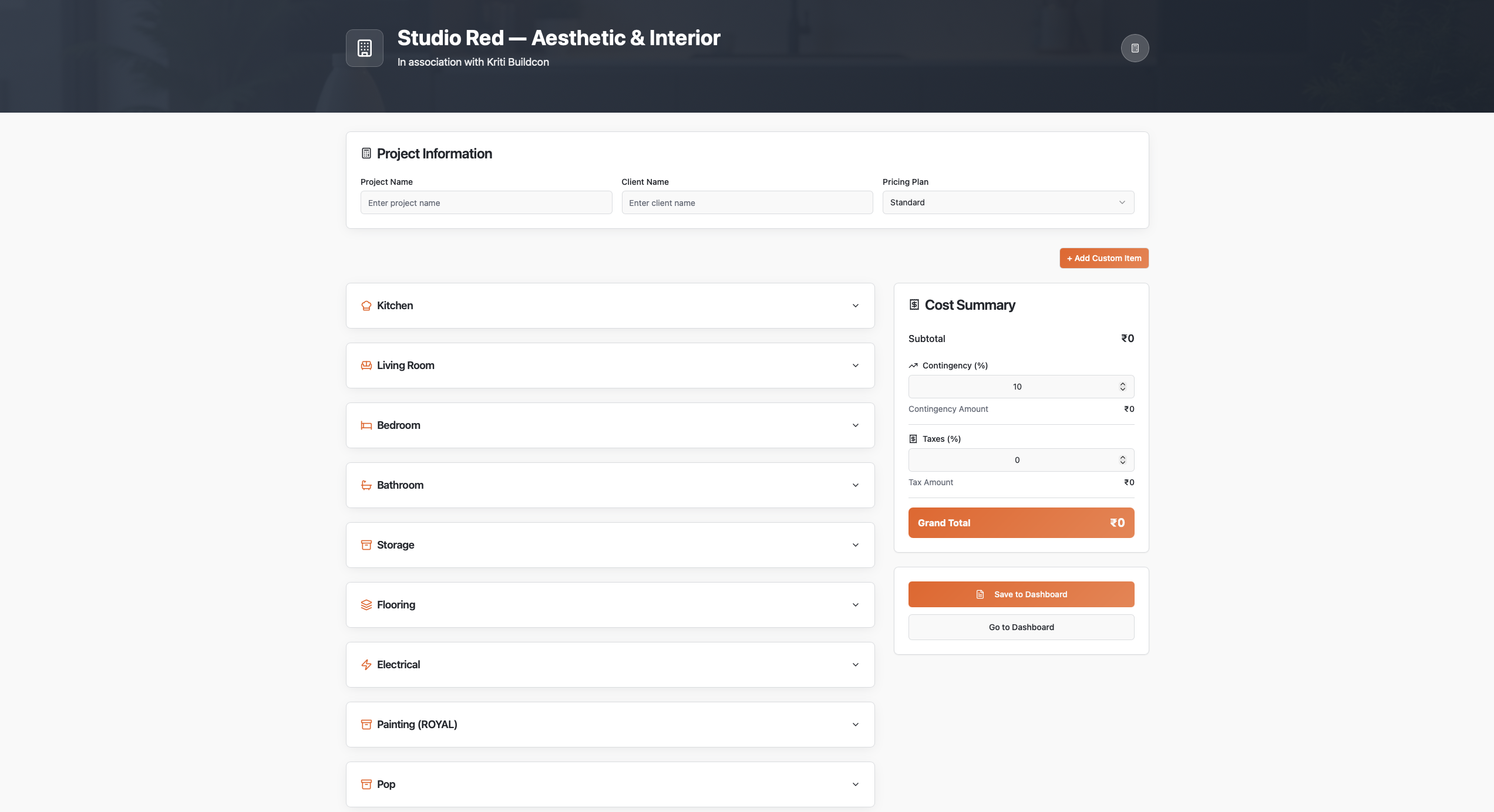 Studio Red Interior Cost Estimator with categories and real-time cost summary